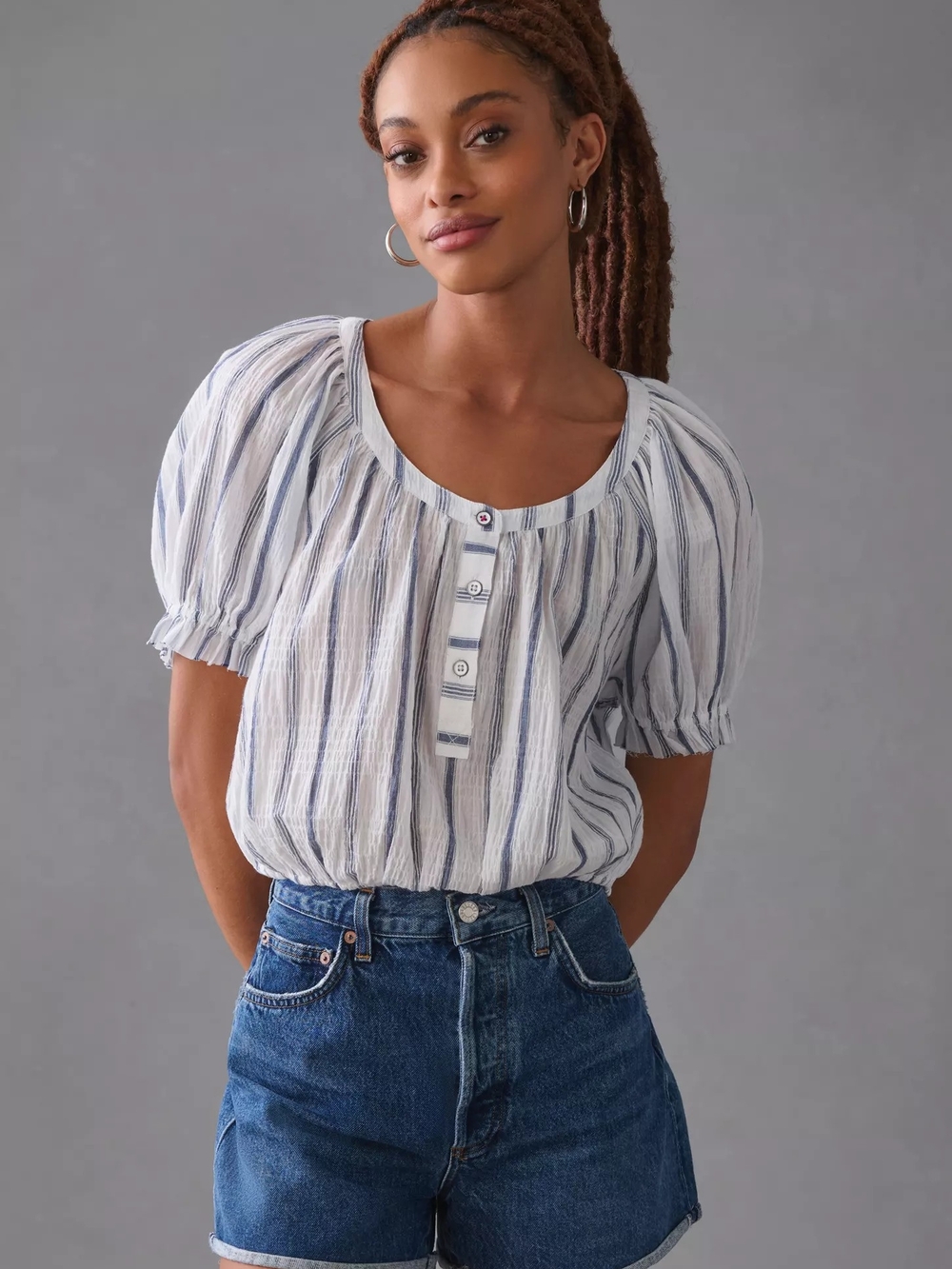 Anthropologie Pilcro Puff-Sleeve Blouse Striped Top Boho Large